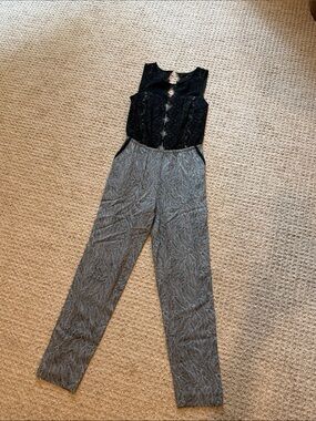 Anthropologie Black Lace Bodice with Gray Patterned Pants Jumpsuit